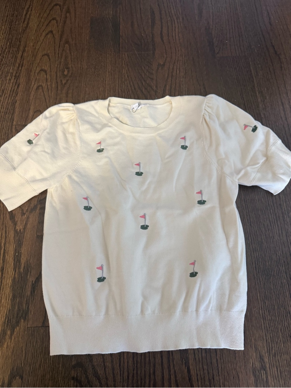 Le Lis Cream Short-Sleeve Knit Top with Pink & Green Flag Embroidery